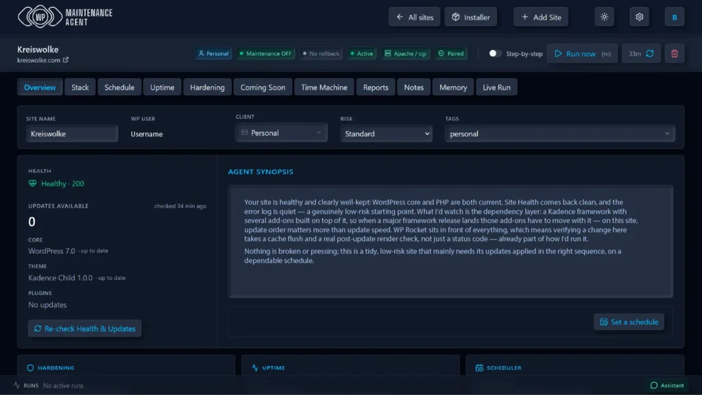 WP Maintenance Agent Overview Dashboard