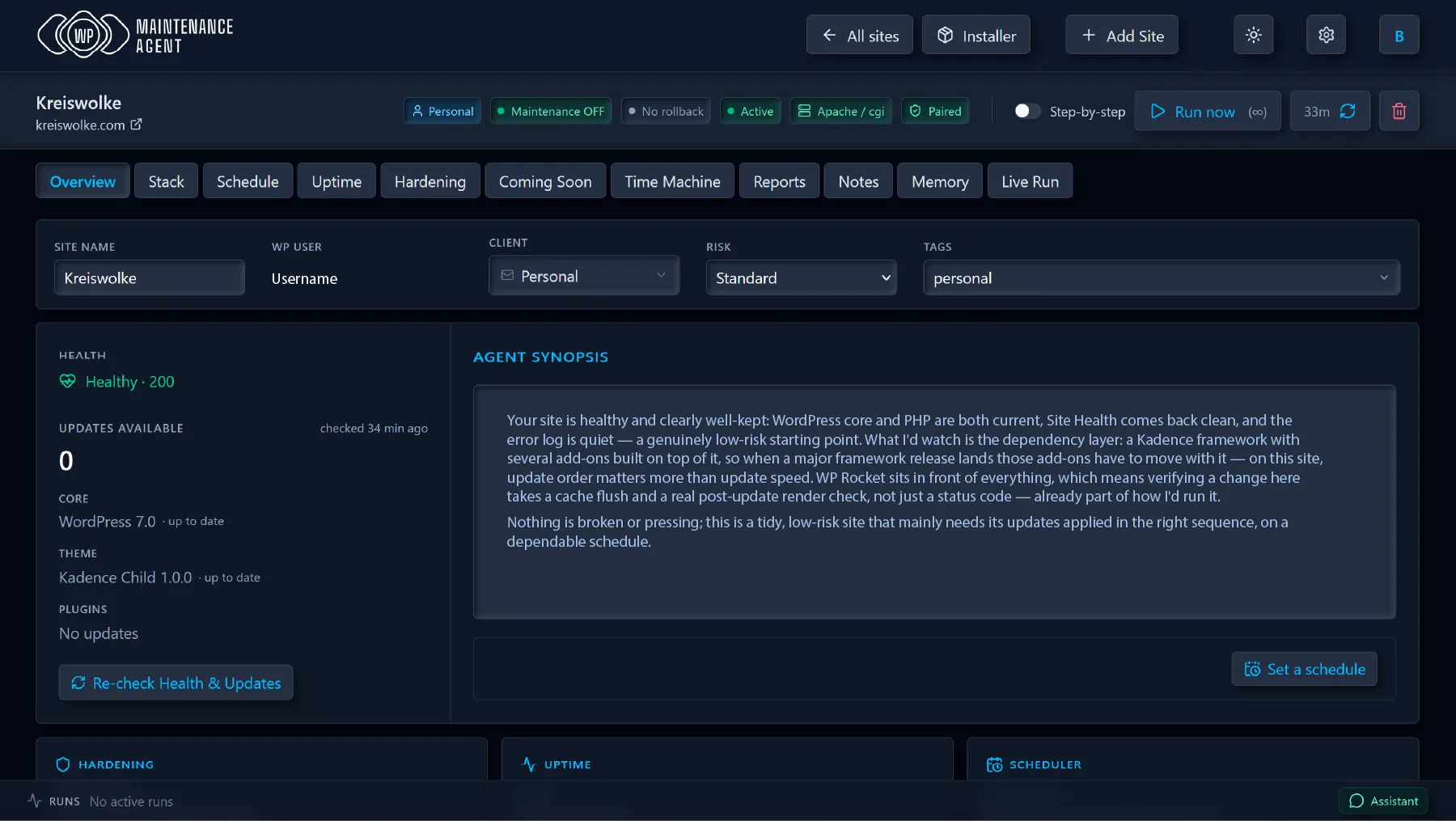 WP Maintenance Agent Overview Dashboard